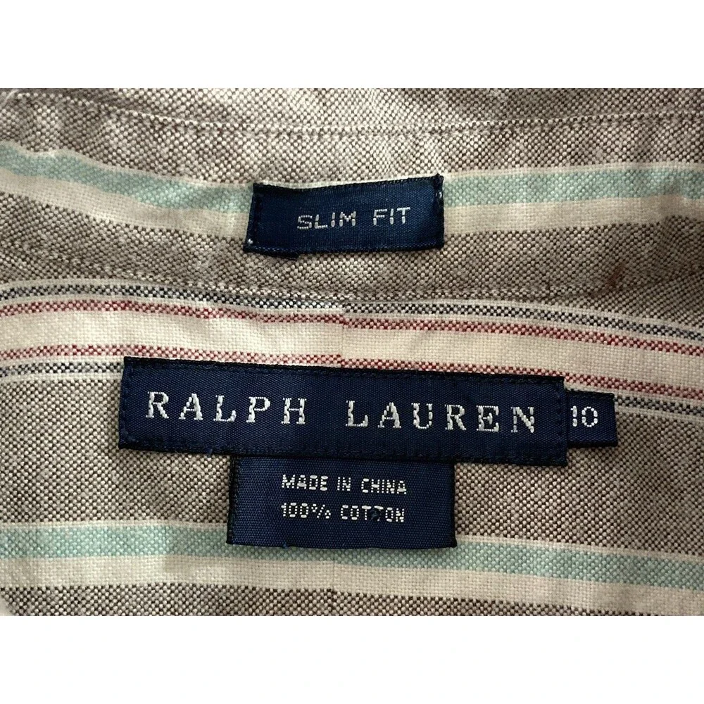Ralph Lauren Boys 10 Slim Oxford Shirt Brown Stripe Pony Logo Button Up Cotton